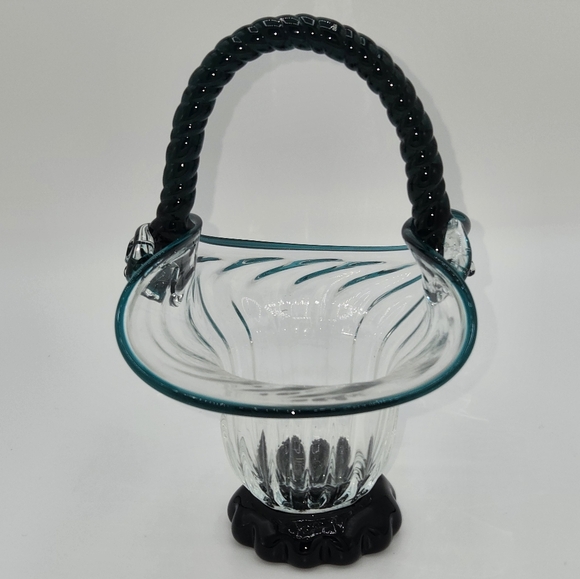 Vintage Clear & Turquoise Hand Blown Optic Glass Basket Applied Rope Handle - Picture 3 of 15
